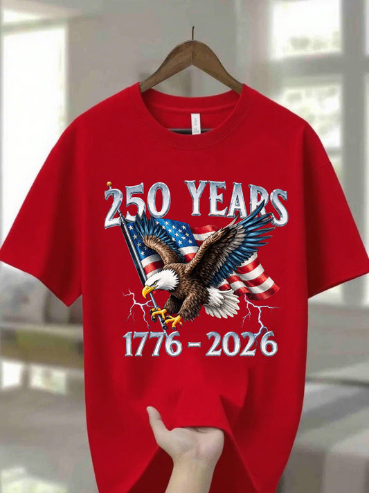 Navy Blue 100% Men's Round Neck T-Shirt with Eagle Pattern| 250 Years 1776- 2026 United States Flag Design, Ideal for Thanksgiving, Christmas, Summer, and Casual Attire, Men's Casual Comfortable T-Shirt