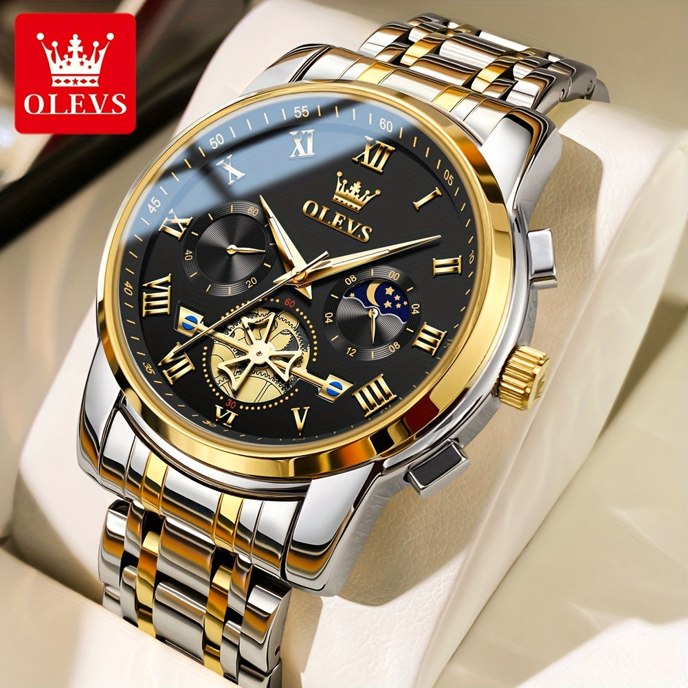 OLEVS Men's Luxury Quartz Watch Stainless Steel Moon Phase Chronograph