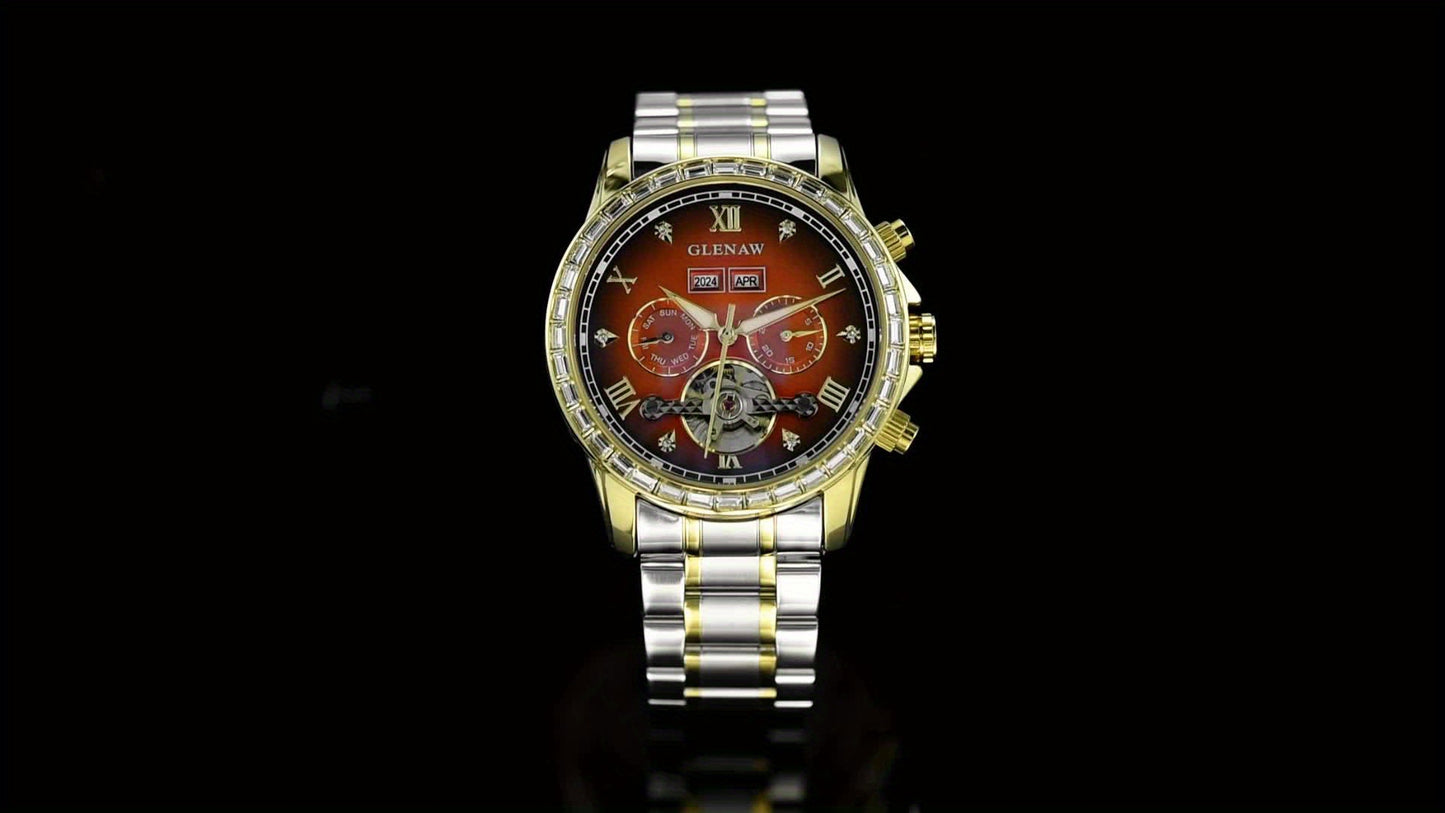 GLENAW Men's Luxury Automatic Mechanical Skeleton Watch With Date Display