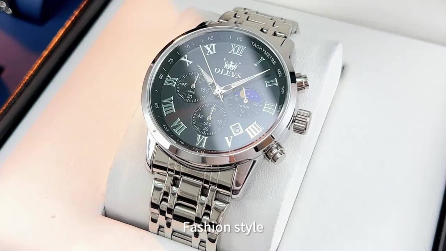 OLEVS Mens Watch Stainless Steel Chronograph Roman Numerals Moon Phases