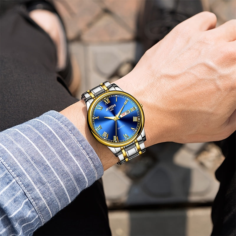 AIYISHI Stainless Steel Multifunctional Mens Watch With Date Dial