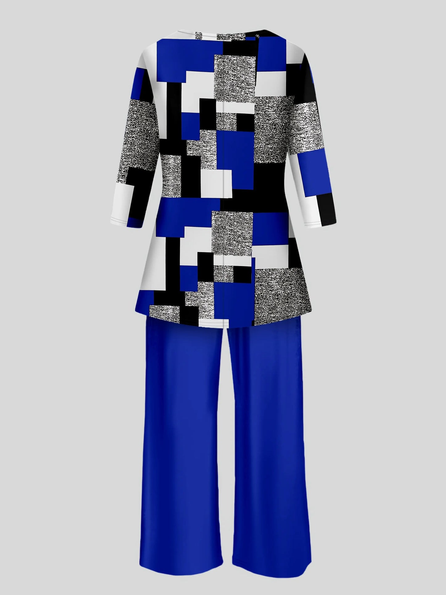 Geometric Print Long Sleeve Top And Solid Two-Piece Set