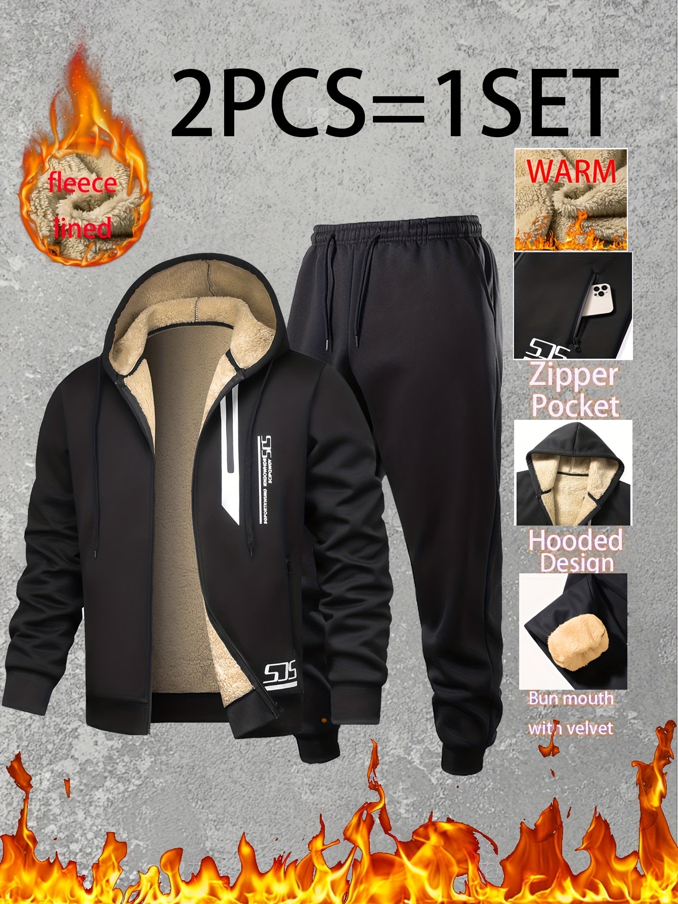 Men Thermal Fleece Jacket Set 2 Piece Full Zip Hooded Jacket And Jogger Pants