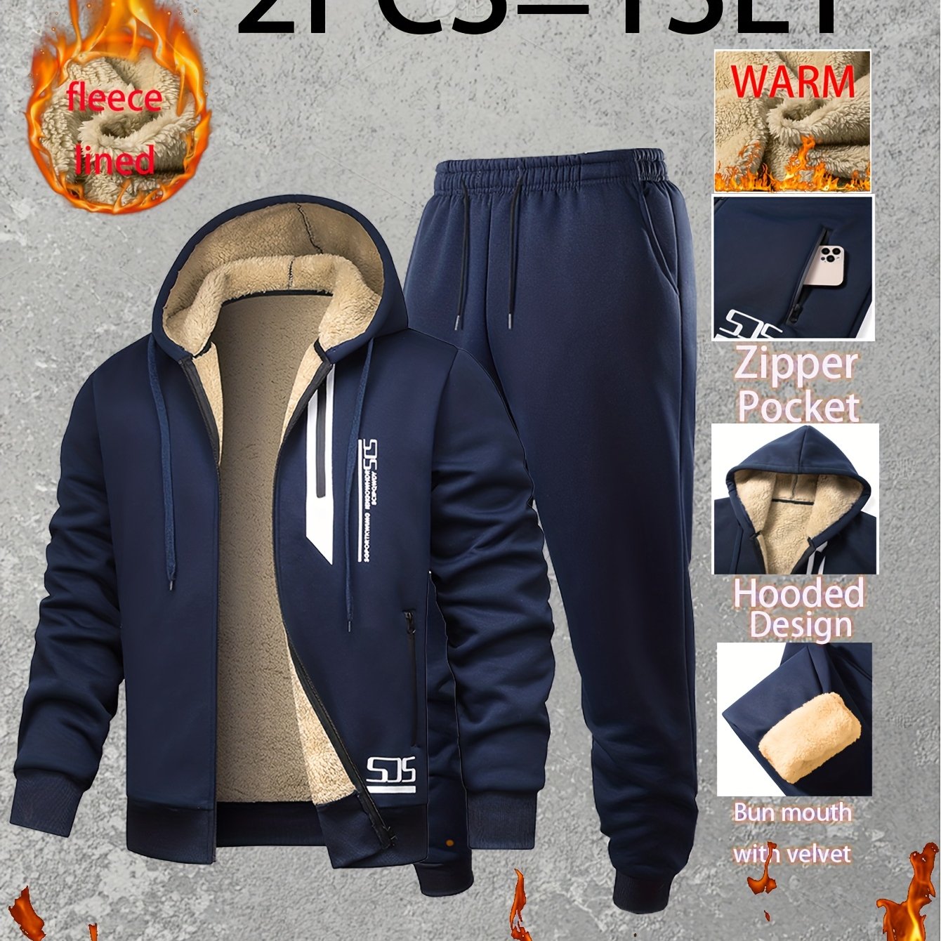 Men Thermal Fleece Jacket Set 2 Piece Full Zip Hooded Jacket And Jogger Pants