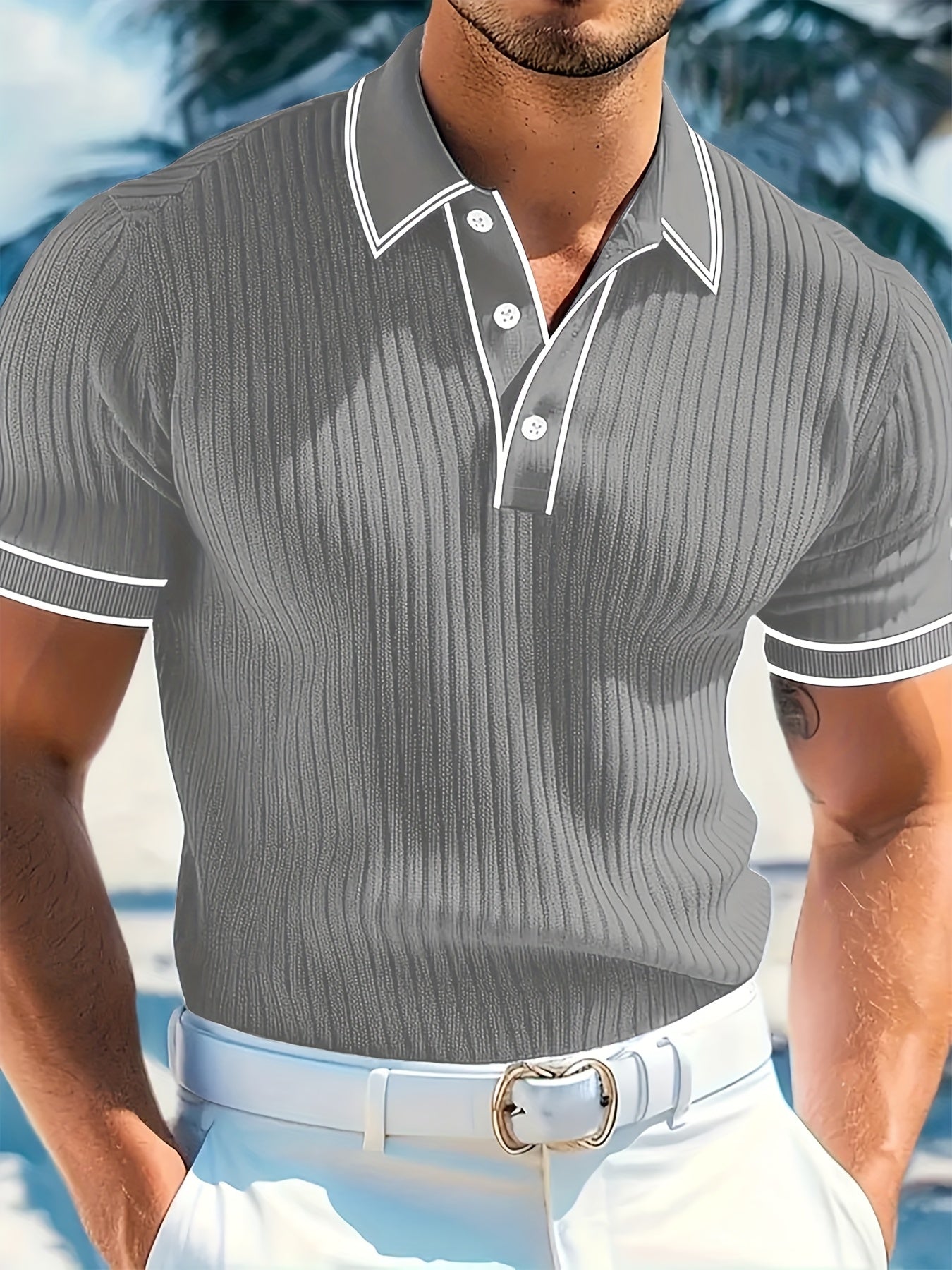 CLQWECollar Men's Polo Shirt Block Pattern Short Sleeve Collar