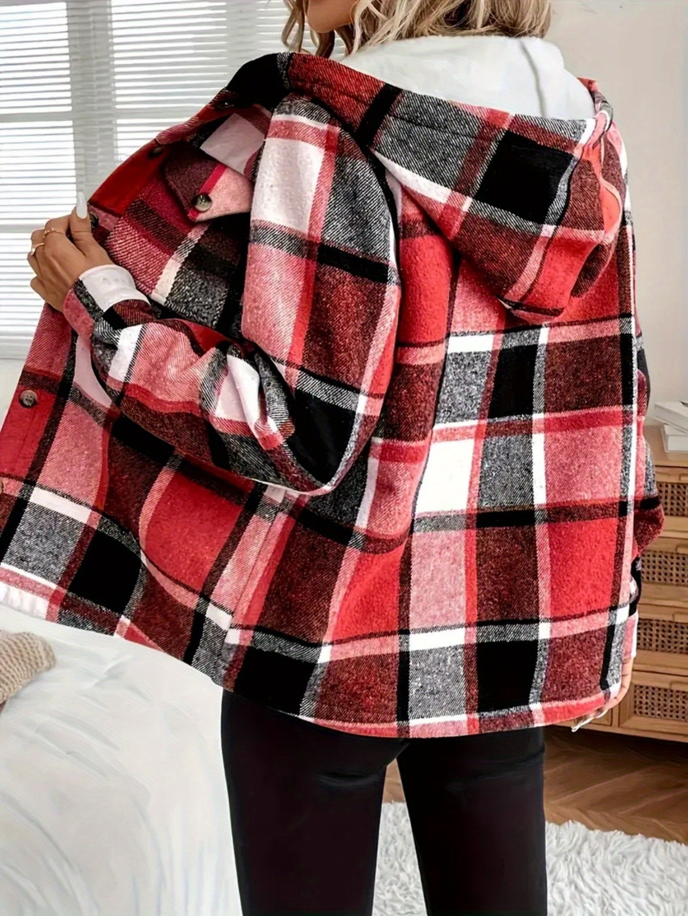 WCQ Women's Hooded Lined Retro Plaid Jacket Loose Fit Coat