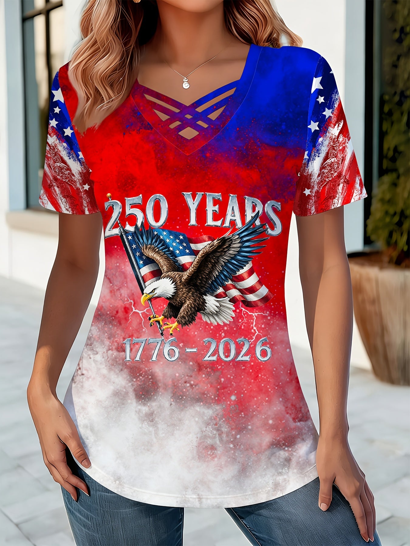 250 Years Anniversary Women's Trendy Full Print 250 Years Eagle V-neck T-shirt, 1776-2026 USA Flag Tee, for Semiquincentennial & Patriotic Gatherings T-shirt, Perfect for Daily Leisure Gifting & National Events Top