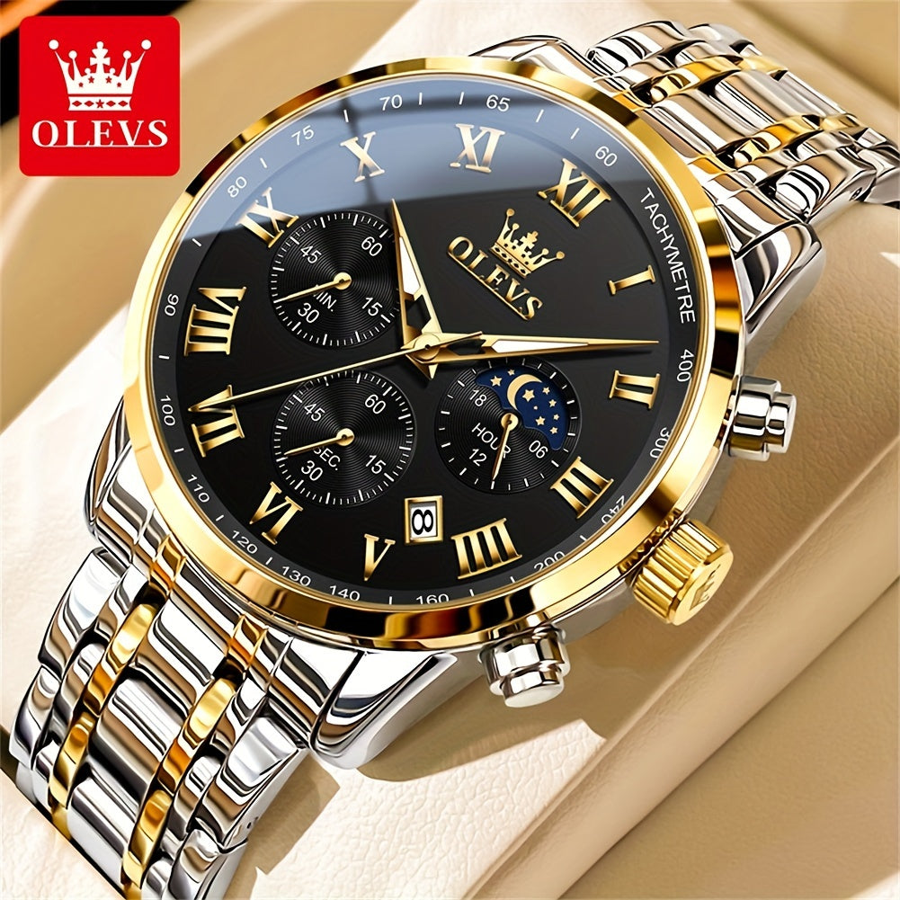 OLEVS Mens Watch Stainless Steel Chronograph Roman Numerals Moon Phases