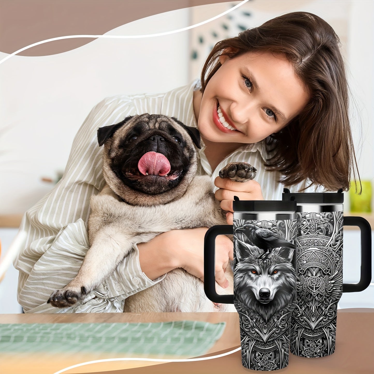 Viking Themed Stainless Steel Insulated Tumbler With Wolf Celtic Knot