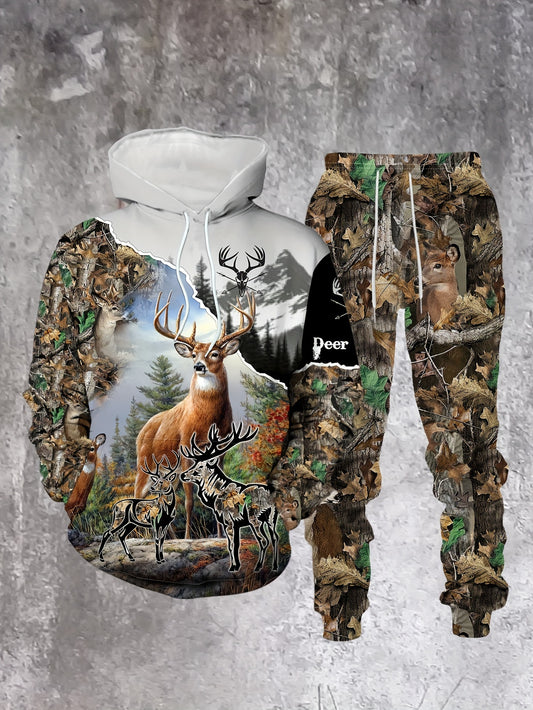 Men's Casual Hoodie And Pants Set With Forest Themed Prints