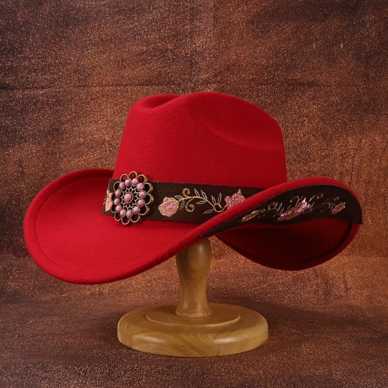 1pc Pink Floral Embroidered Hat | Ladies' British Soft Felt Cowboy Hat with Turquoise and Embroidered Belt, Ideal for Weddings, Holidays, and Parties.