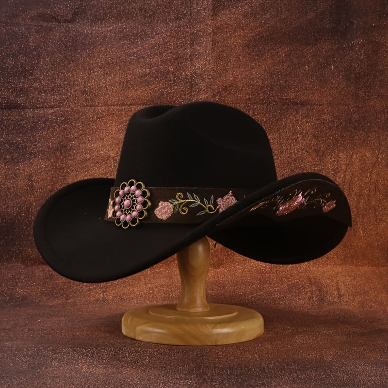 1pc Pink Floral Embroidered Hat | Ladies' British Soft Felt Cowboy Hat with Turquoise and Embroidered Belt, Ideal for Weddings, Holidays, and Parties.