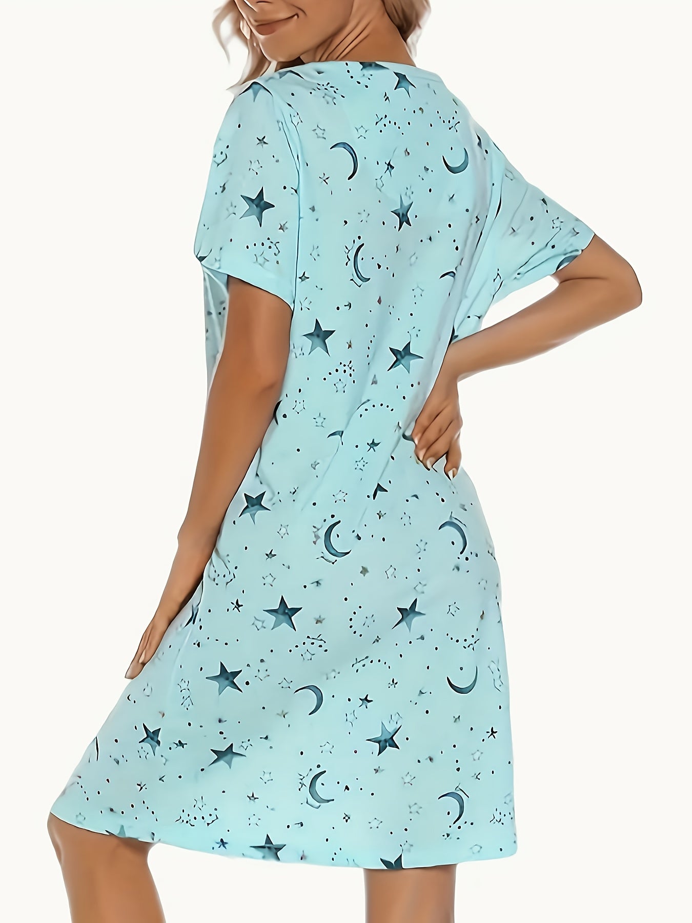Women's Soft Polyester Sleep Dress - Round Neck, Short Sleeve