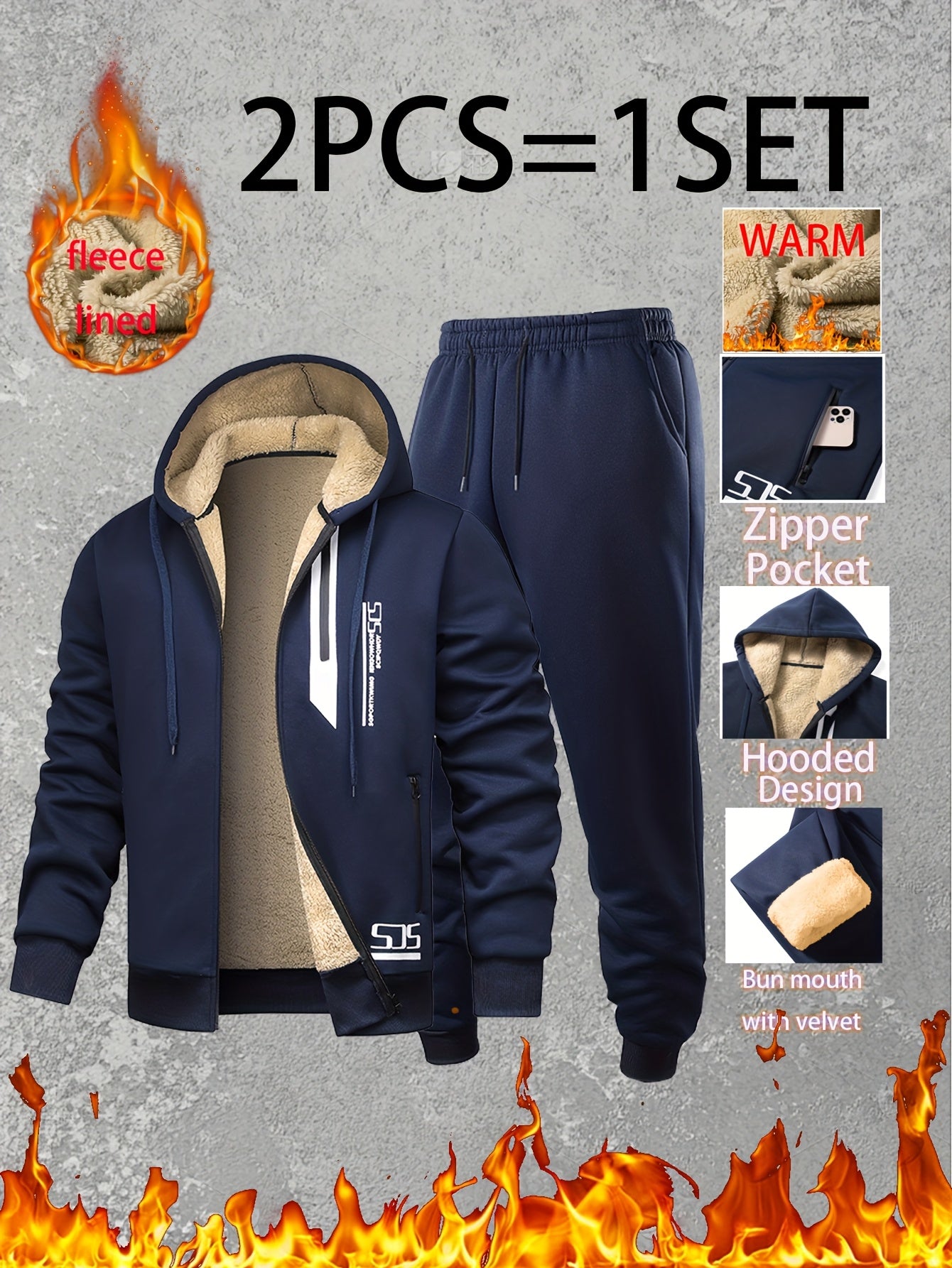 Men Thermal Fleece Jacket Set 2 Piece Full Zip Hooded Jacket And Jogger Pants