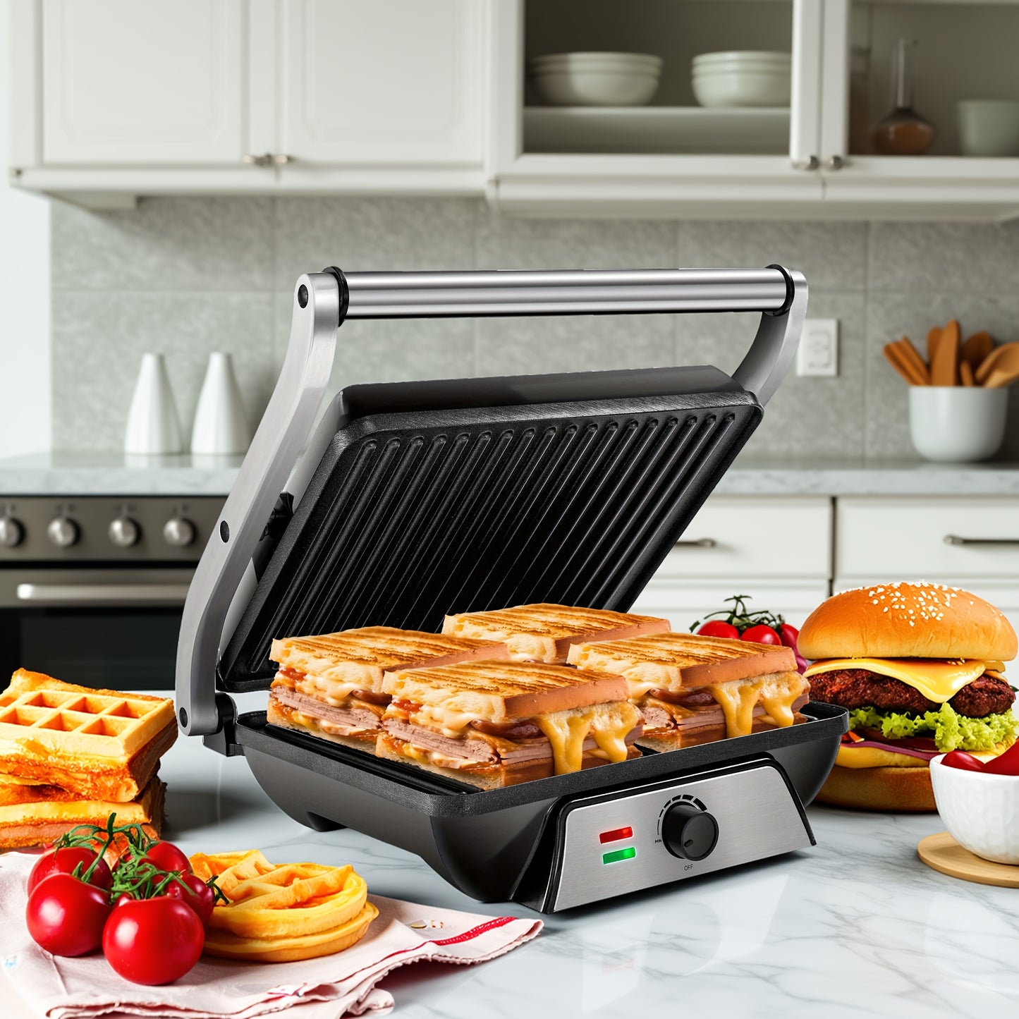 SUSTEAS 3-In-1 Electric Indoor Grill Panini Press With Nonstick Plates