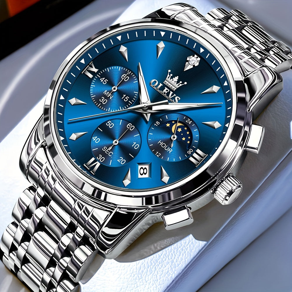 OLEVS Men's Luxury Quartz Chronograph Moon Phase Stainless Steel Watch