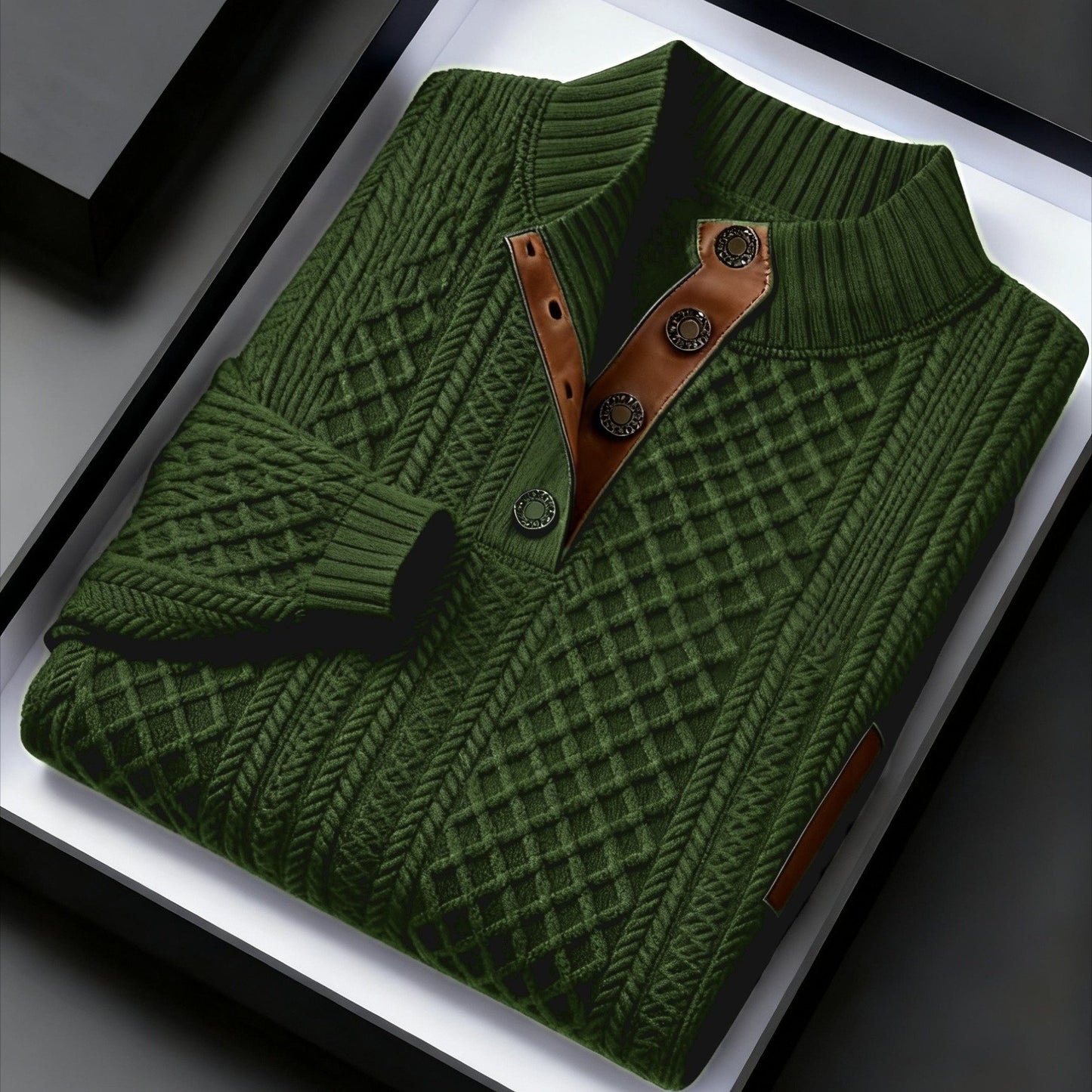 Men Jacquard Knit Stand Collar Sweater With Button Closure