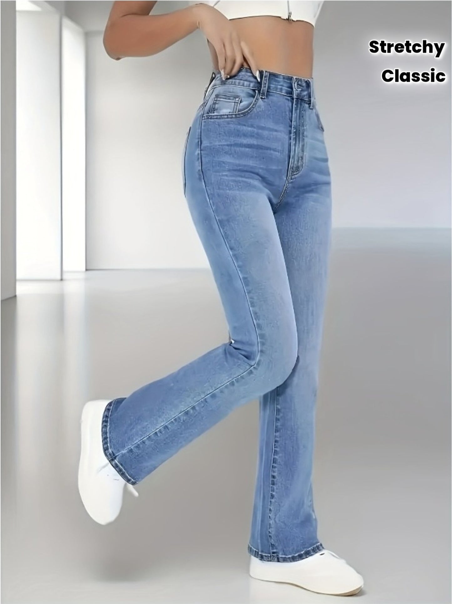 Women'S High-Waisted Stretch Flared Jeans | Tummy Control, Medium Stretch, Comfortable, Classic Blue Wash, Casual Office, All-season, Solid Color, Washed Detail