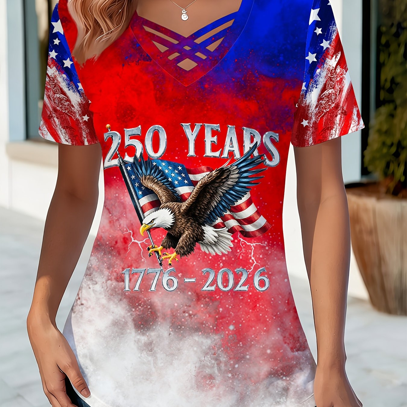 250 Years Anniversary Women's Trendy Full Print 250 Years Eagle V-neck T-shirt, 1776-2026 USA Flag Tee, for Semiquincentennial & Patriotic Gatherings T-shirt, Perfect for Daily Leisure Gifting & National Events Top