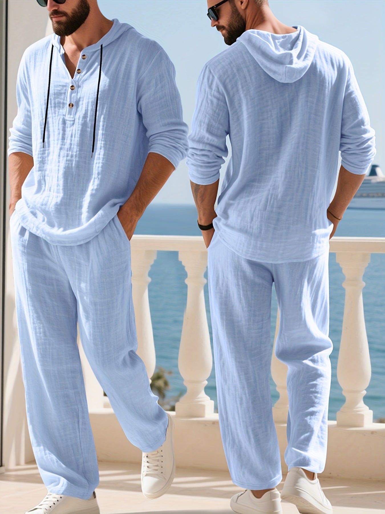 Mens Hooded Henley Shirt And Pants Set American Style Casual