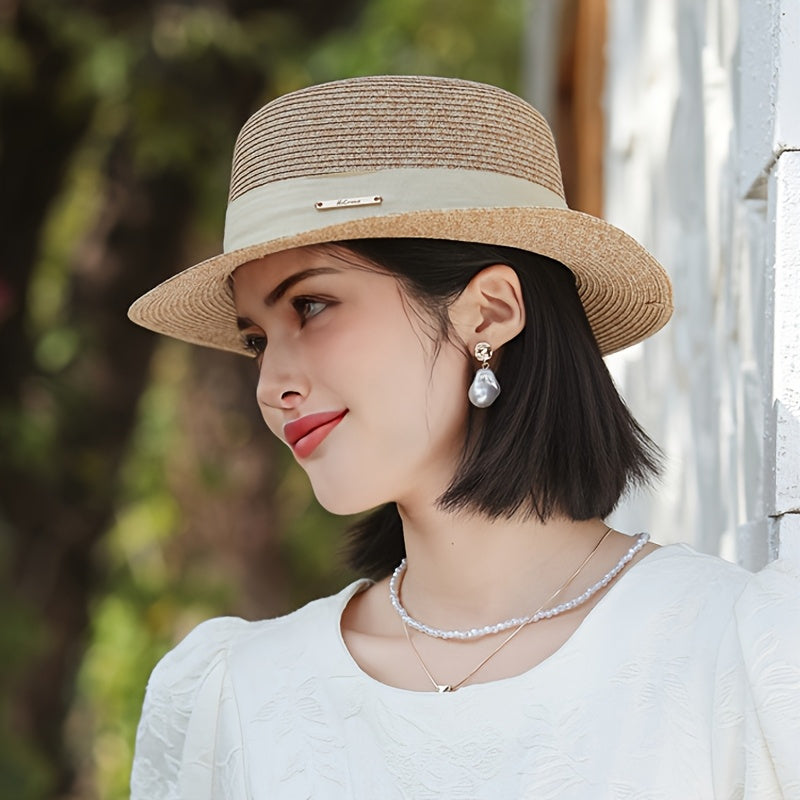 Franville Women's Wide Brim Sun Hat- French Style Straw Beach Hat with Navy Ribbon, Breathable Natural Material for Summer, Vacation, Beach& Daily Wear ( 50+, Adjustable Chin Strap)"