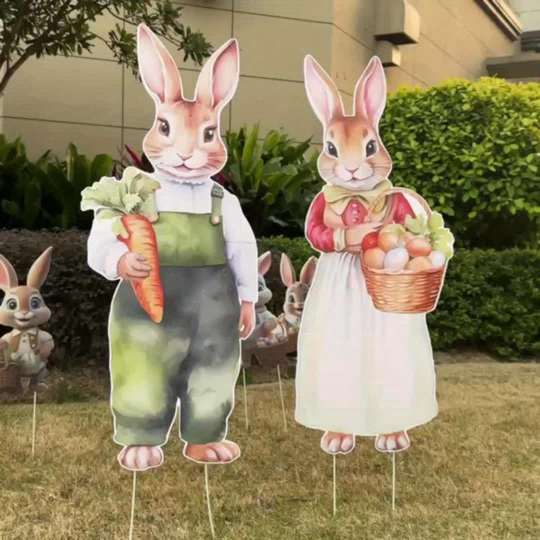 2pcs Easter Outdoor Decor Set - Large Vintage Bunny And Carrot Egg Stakes, Farmhouse Style Spring And Summer Celebration Lawn And Garden Decorations, Yard Signs, Party Decorations