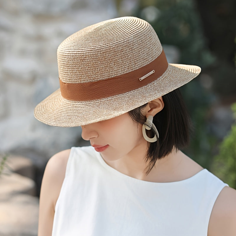 Franville Women's Wide Brim Sun Hat- French Style Straw Beach Hat with Navy Ribbon, Breathable Natural Material for Summer, Vacation, Beach& Daily Wear ( 50+, Adjustable Chin Strap)"