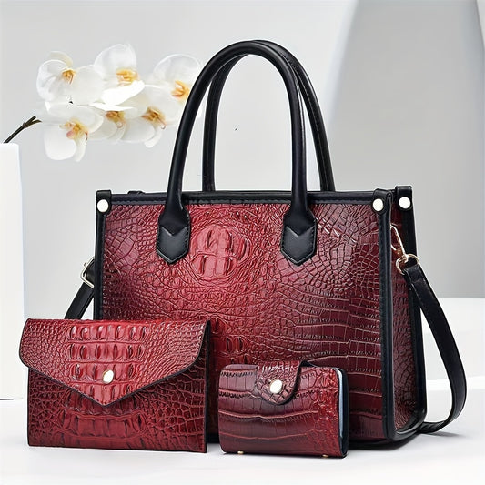 Women'S Elegant Crocodile Embossed 3pcs Handbag Set Tote Bag