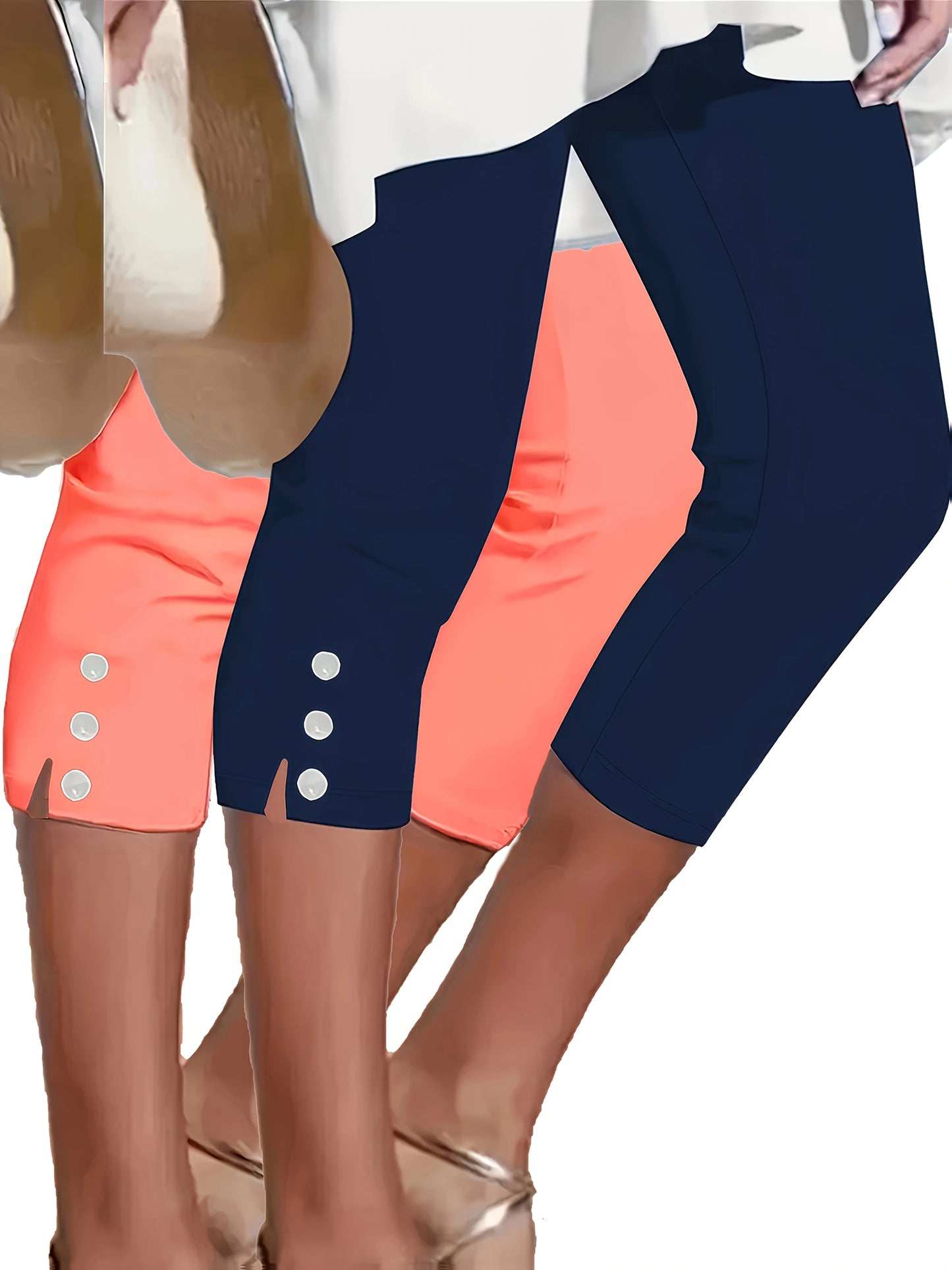 Two Pack Women's Slim Fit Capri Leggings With Button Detail