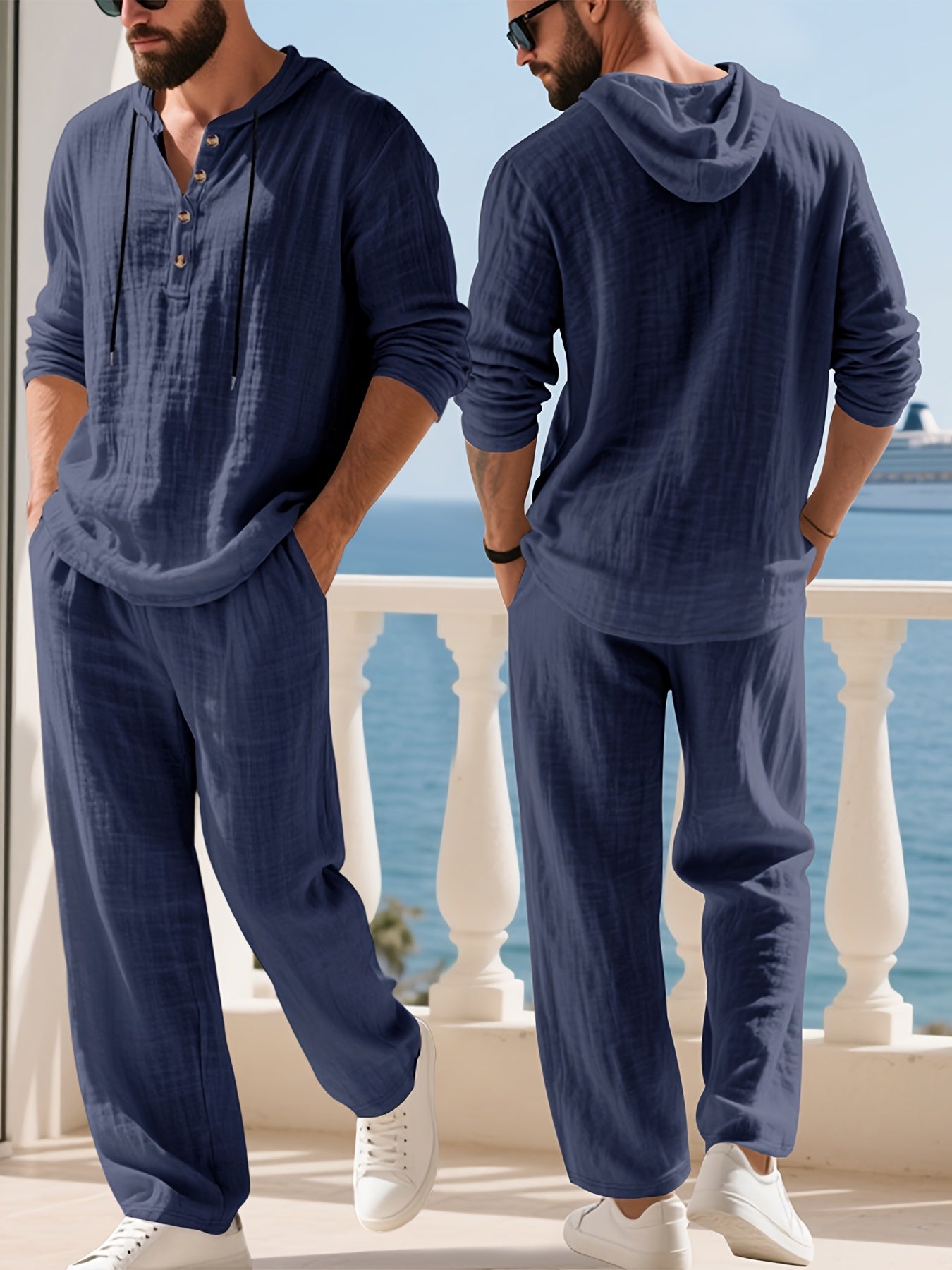 Mens Hooded Henley Shirt And Pants Set American Style Casual