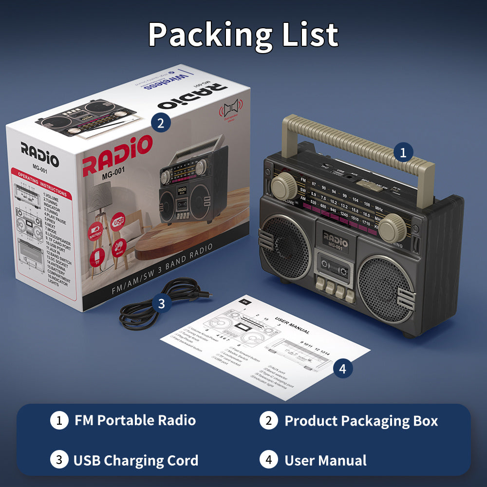 Portable FM/AM/SW Radio- Solar & USB Powered, 1200mAh Lithium Battery, Wireless, Support TF Card/USB/AUX Playback,Compact Design with Ergonomic Handle & Speaker - Ideal for Indoor/Outdoor, Camping, Emergencies - Solar-Powered