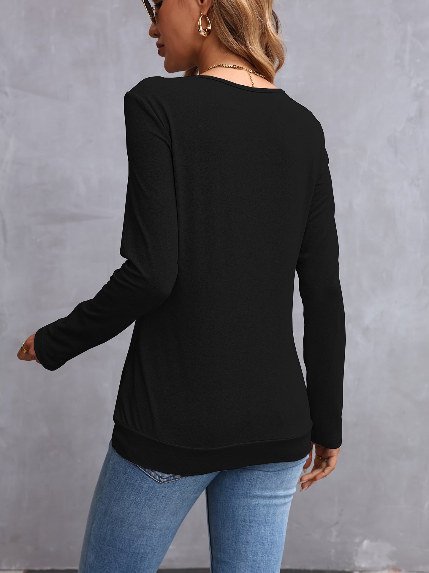 100% Polyester Elegant Long Sleeve V-Neck T-Shirt Solid Color Button Detail Regular Length