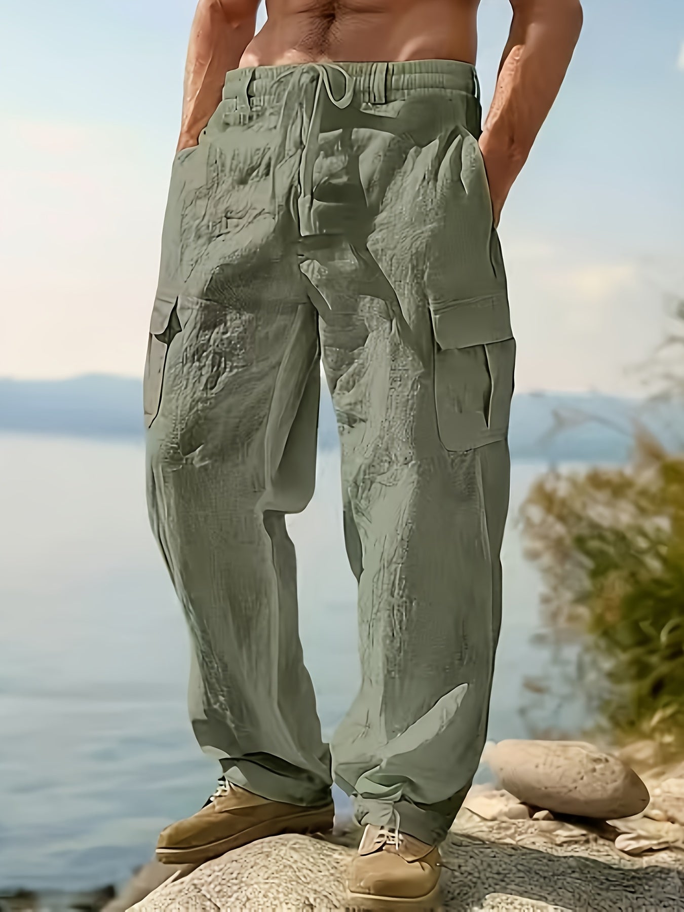 Mens Linen Work Pants Breathable Regular Fit For Casual Wear