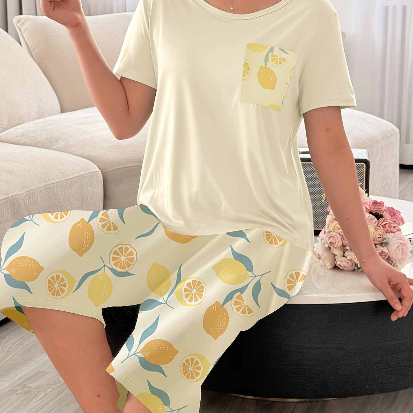 Chic Casual 3/4 Sleeve Floral Pajama Set for Women Plus Size