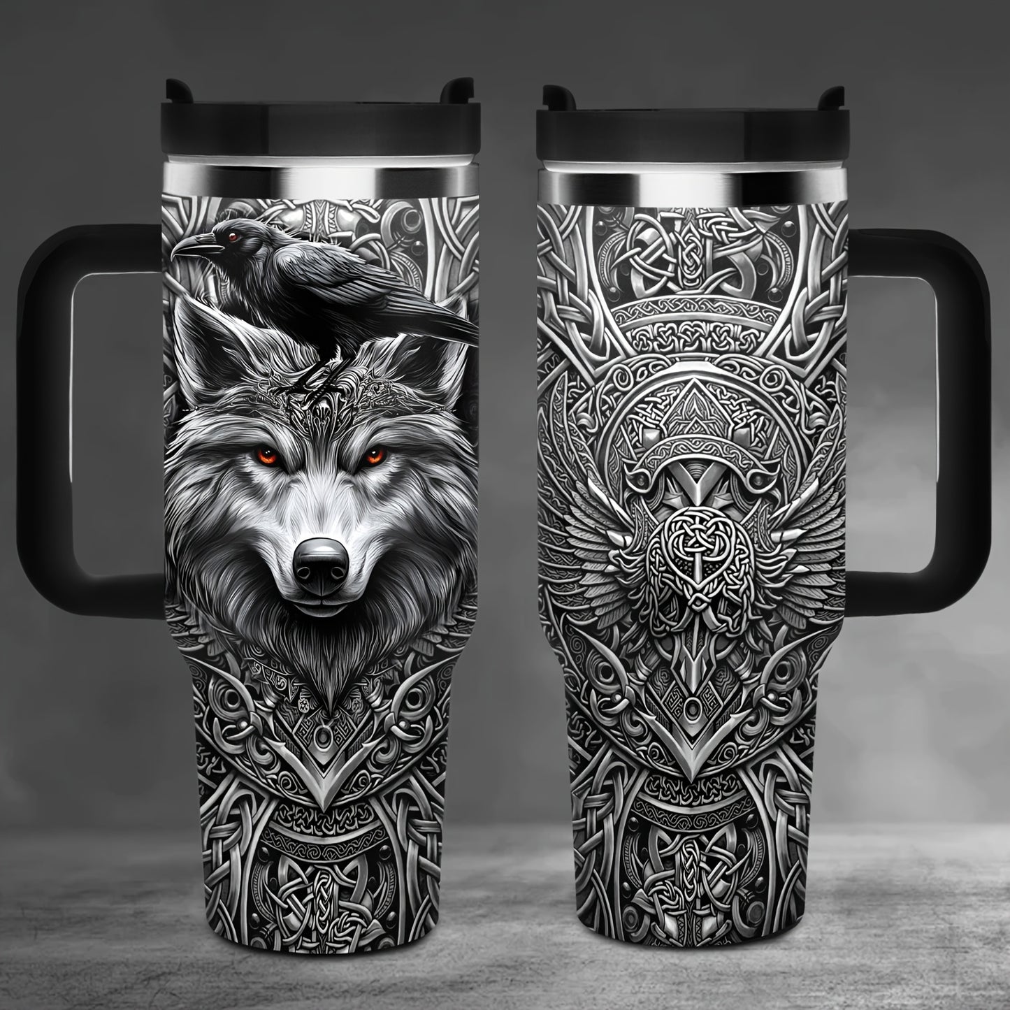 Viking Themed Stainless Steel Insulated Tumbler With Wolf Celtic Knot