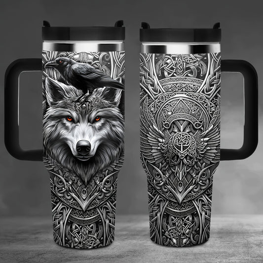 Viking Themed Stainless Steel Insulated Tumbler With Wolf Celtic Knot