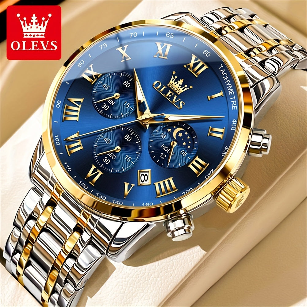 OLEVS Mens Watch Stainless Steel Chronograph Roman Numerals Moon Phases