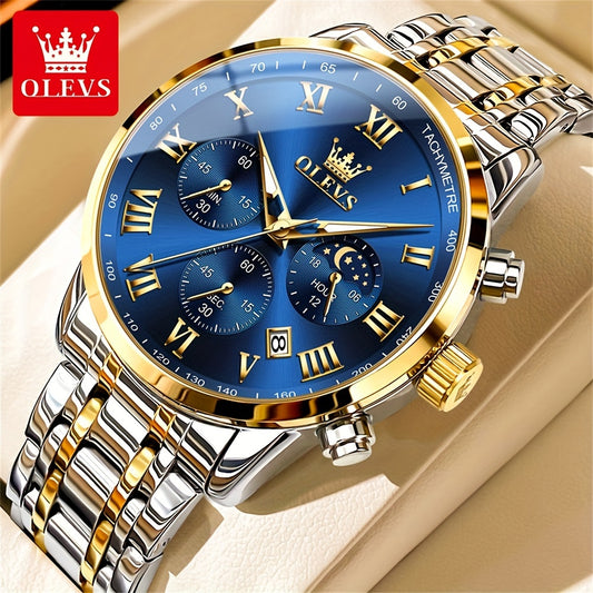 OLEVS Mens Watch Stainless Steel Chronograph Roman Numerals Moon Phases