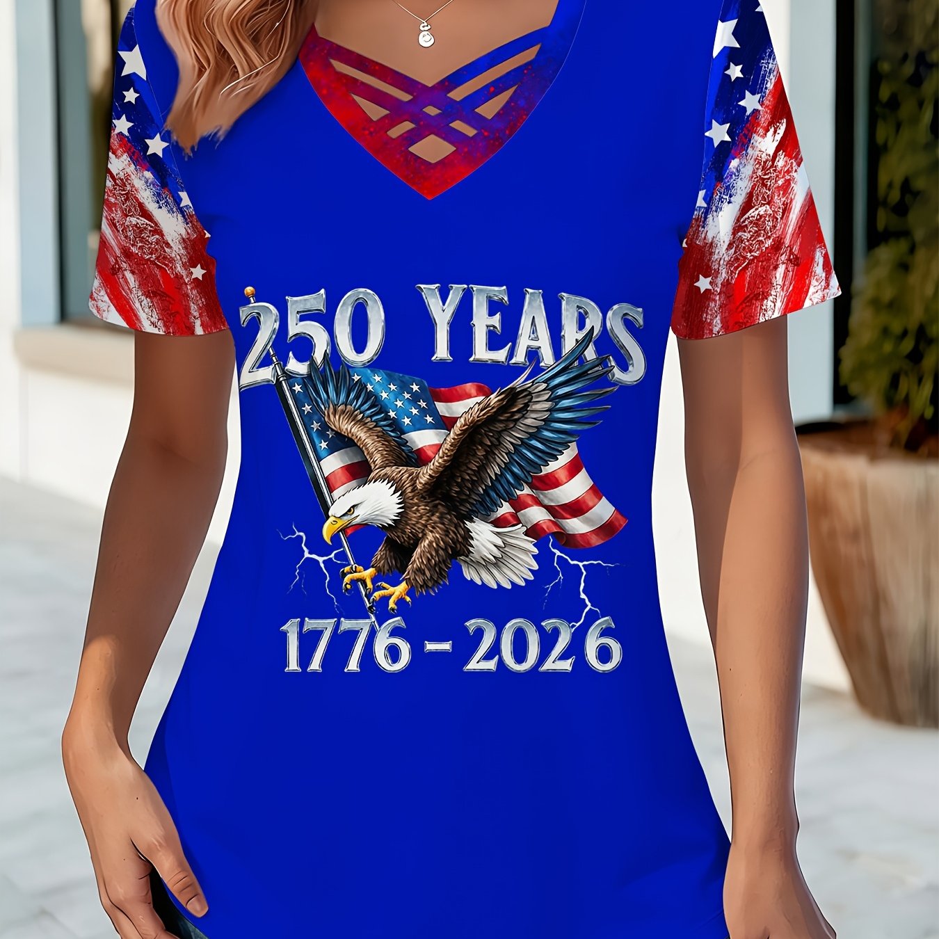 250 Years Anniversary Women's Trendy Full Print 250 Years Eagle V-neck T-shirt, 1776-2026 USA Flag Tee, for Semiquincentennial & Patriotic Gatherings T-shirt, Perfect for Daily Leisure Gifting & National Events Top