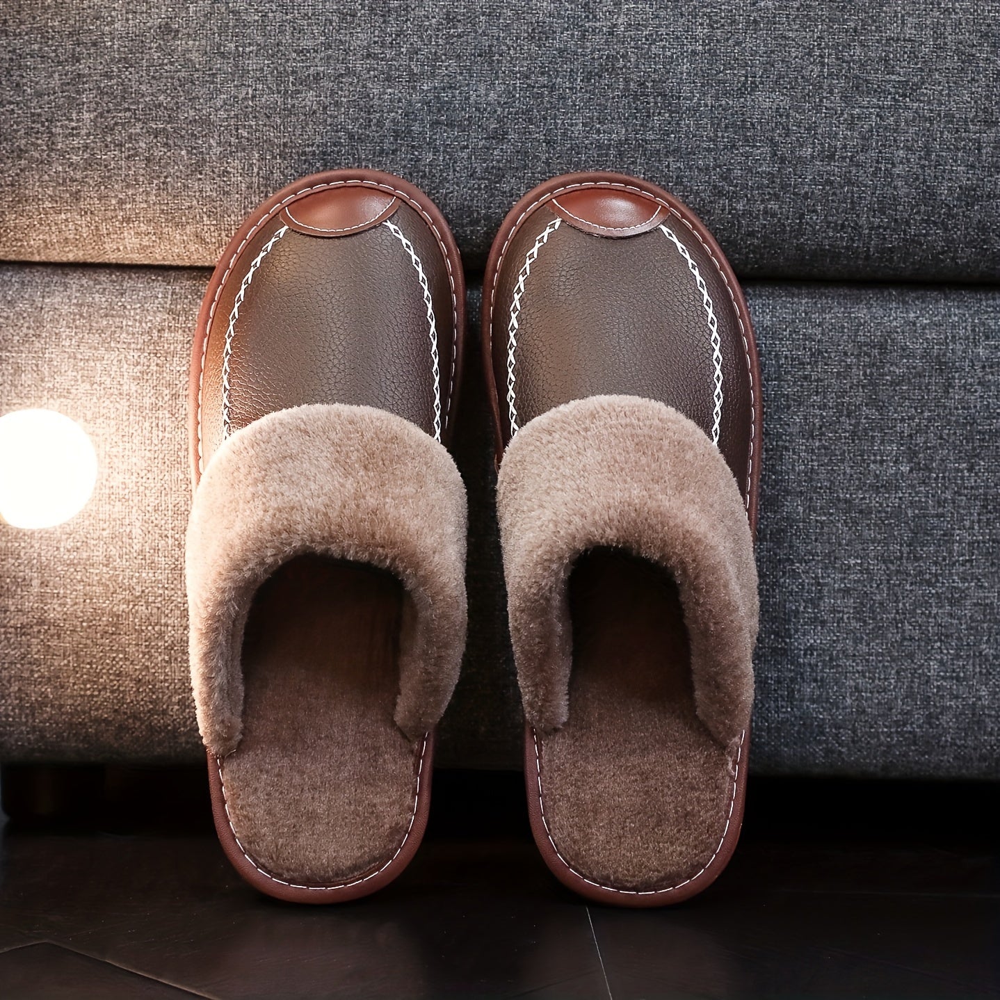 Men PU Slippers Slip On Indoor House Shoes Warm Comfort
