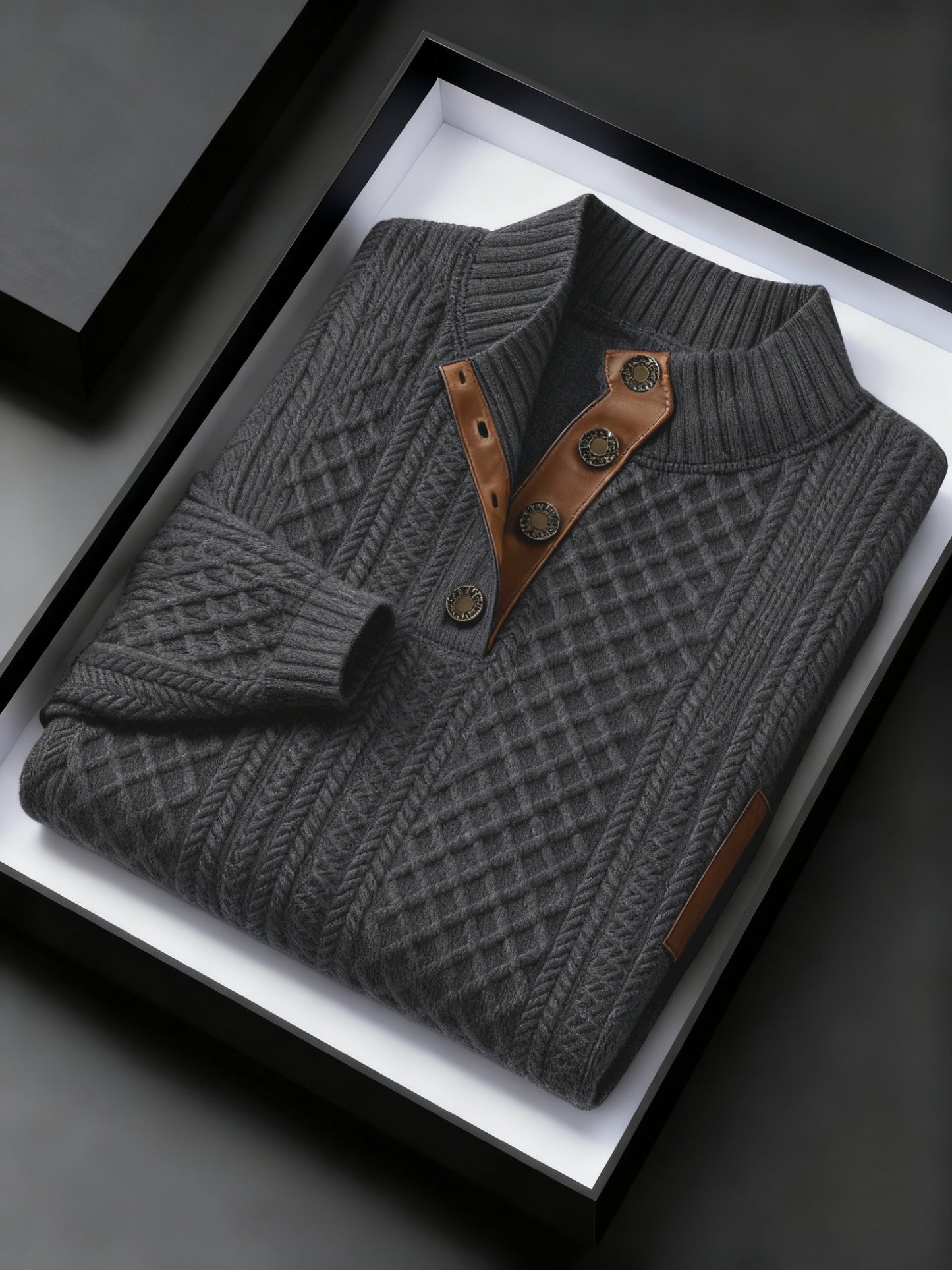 Men Jacquard Knit Stand Collar Sweater With Button Closure