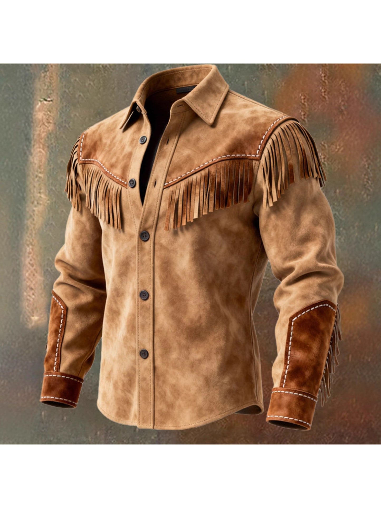 Men's Retro Brown Shirt Jacket With Fringe And Western Style
