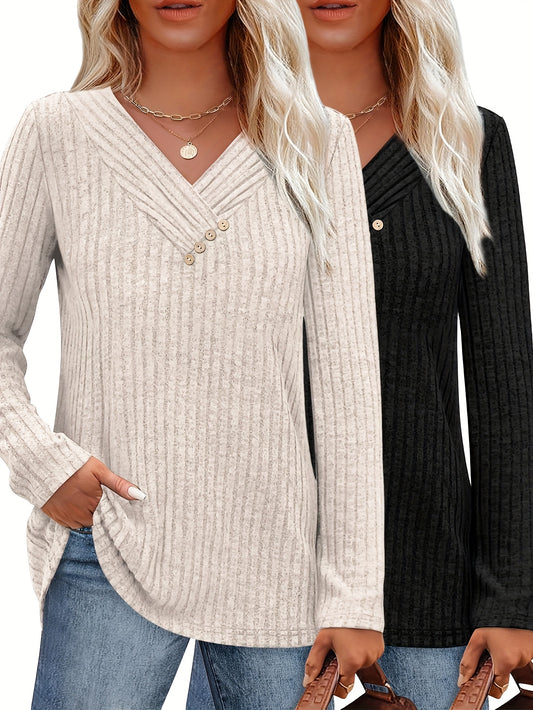 Women's Two-Piece V-Neck Button Pullover Cropped Sweater
