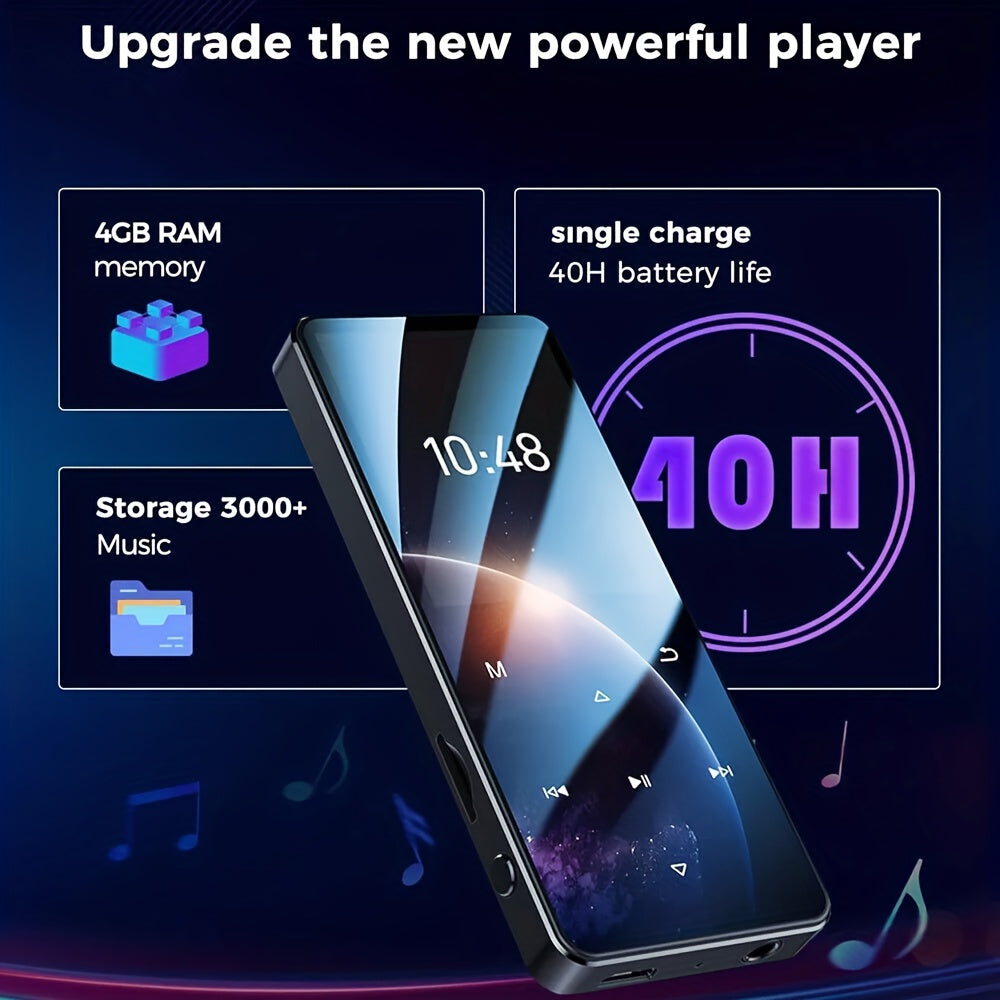 The MP4/MP3 Player Supports 128GB Bluetooth Lossless Music FM Radio Recorder. It Is Sporty And Suitable for Running. It Has An Ultra-light Metal Casing And Touch Buttons