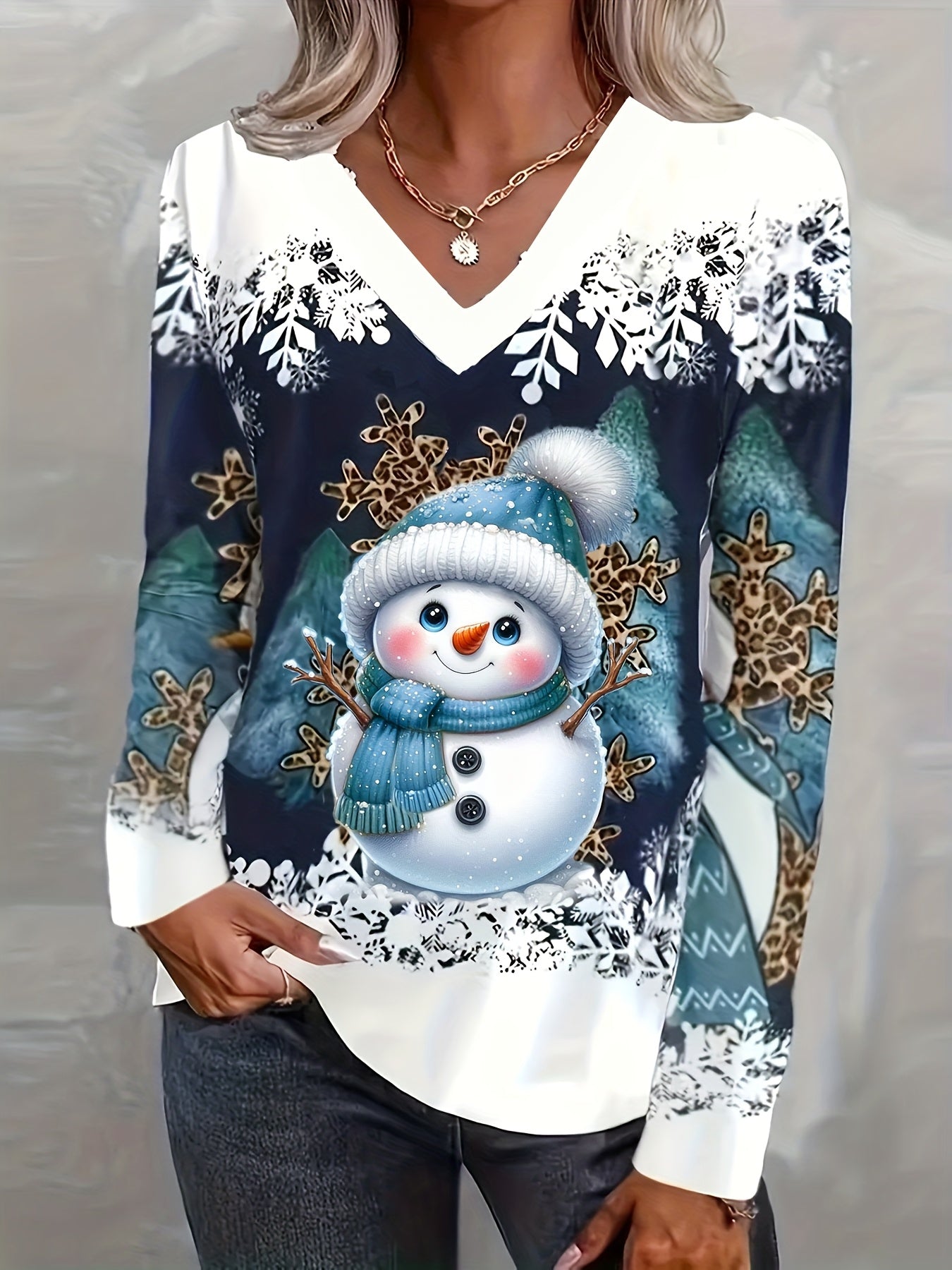 Womens Christmas Snowman 3D Print Long Sleeve Stretch Blend Shirt