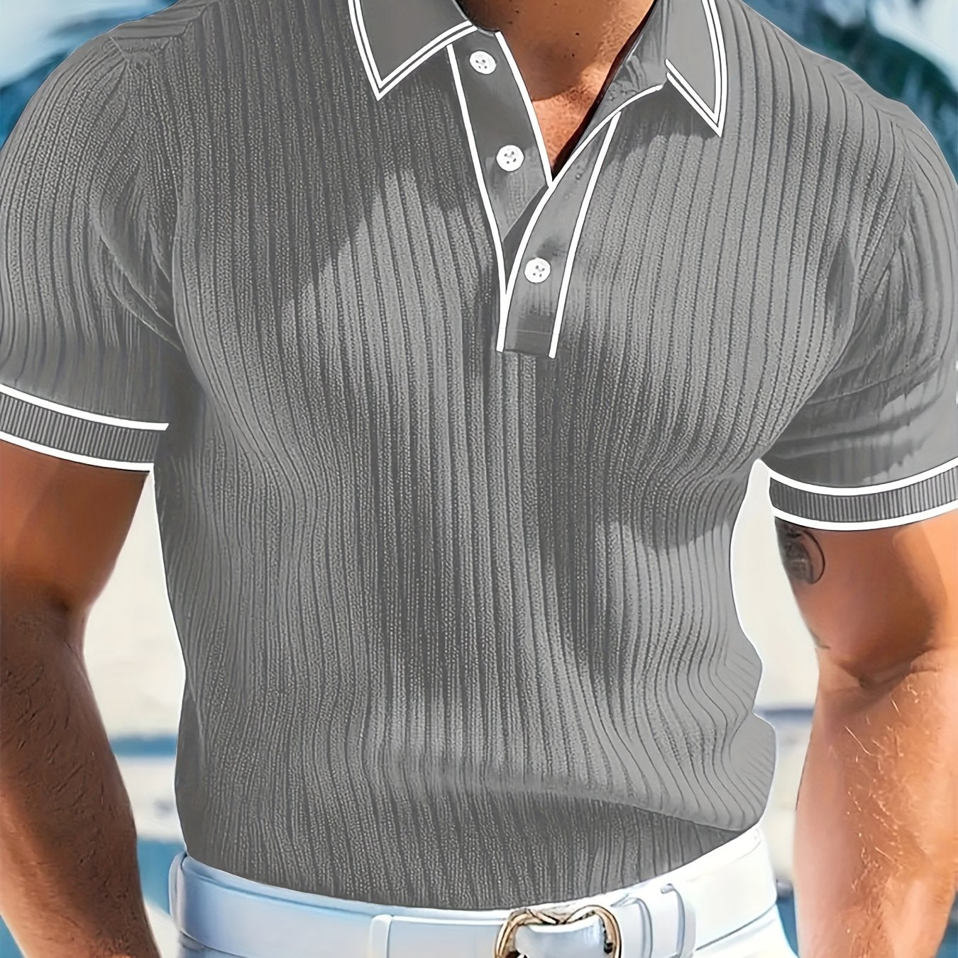 CLQWECollar Men's Polo Shirt Block Pattern Short Sleeve Collar