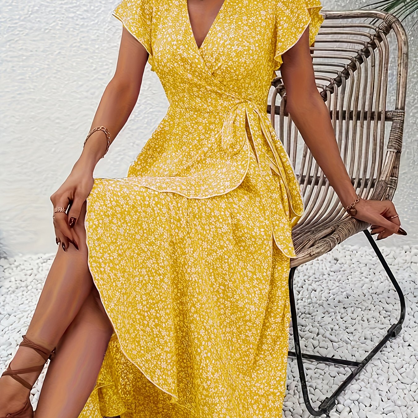 Elegant Women's V-Neck A-Line Midi Dress Machine Washable Polyester