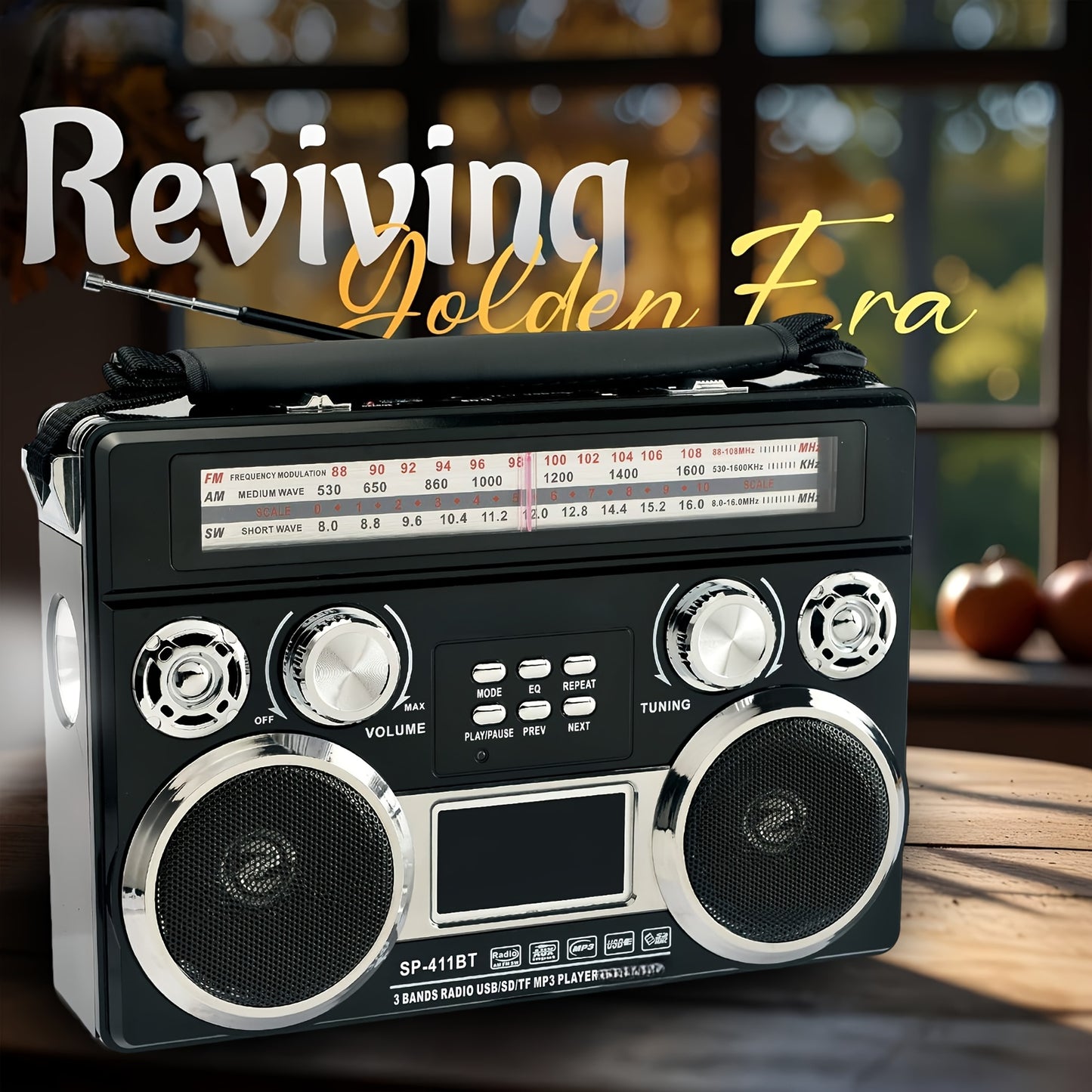 Portable 3 Band Radio With Wireless, Solar Panel, And LED Flashlight, Retro Wireless Speaker, AM/FM/SW Receiver With MP3 Playback, Telescopic Antenna, High Sensitivity, With Leather Handle, AUX/TF/SD, Ideal For Camping