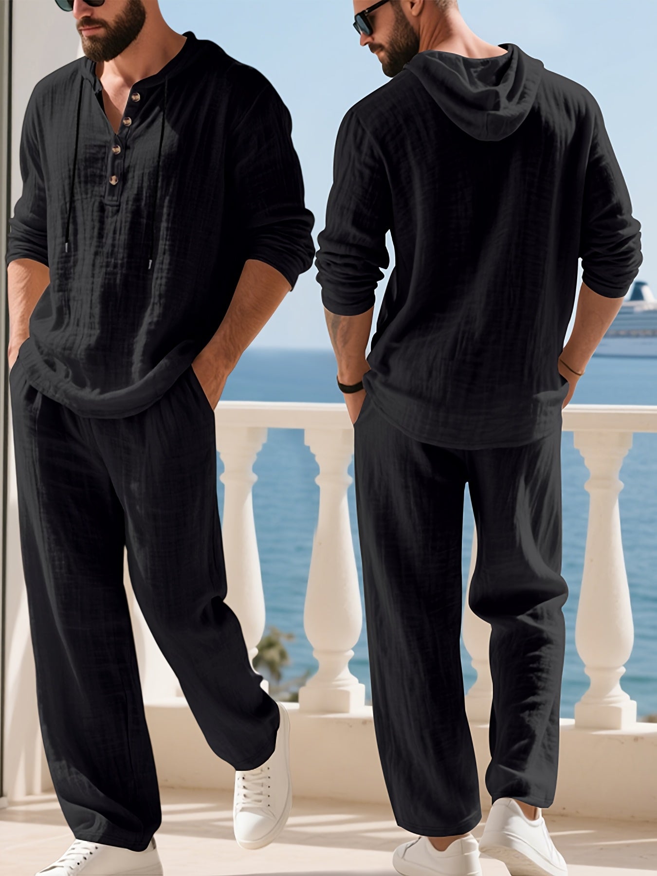 Mens Hooded Henley Shirt And Pants Set American Style Casual