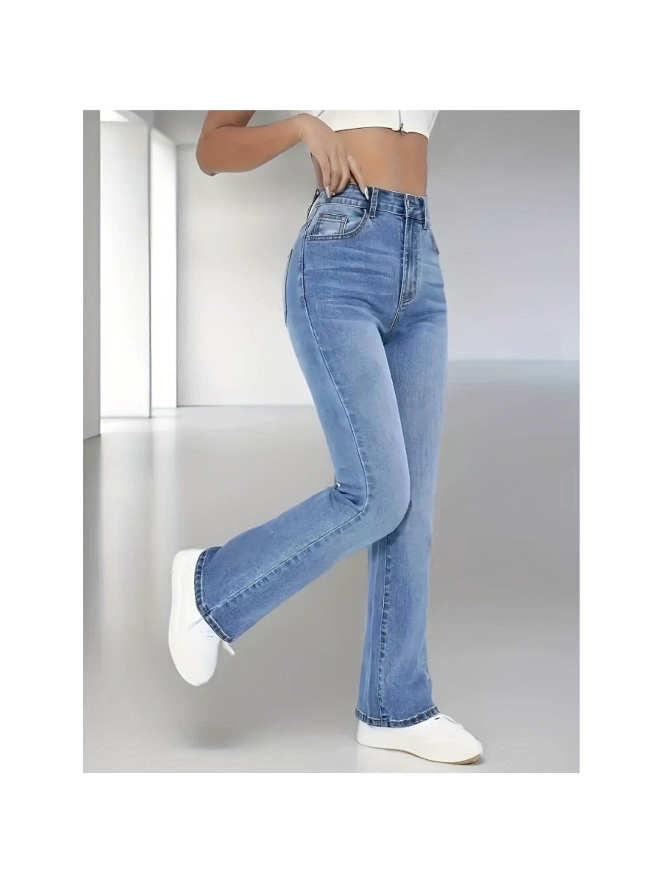 Women'S High-Waisted Stretch Flared Jeans | Tummy Control, Medium Stretch, Comfortable, Classic Blue Wash, Casual Office, All-season, Solid Color, Washed Detail